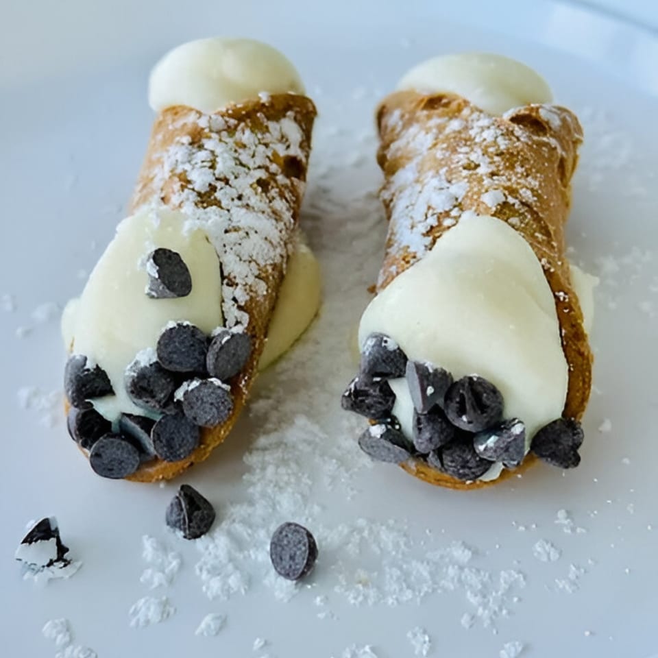 Two cannolis with white cream filling, chocolate chips, and powdered sugar on a white plate.